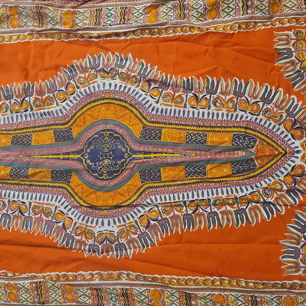 VINTAGE CottonVibrant Orange African Handprinted  Kaftan